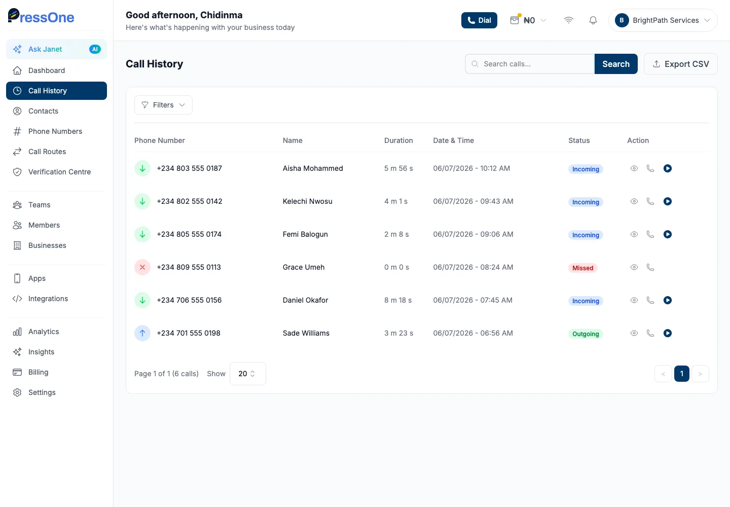 PressOne call history showing every incoming and outgoing call across the team with recordings
