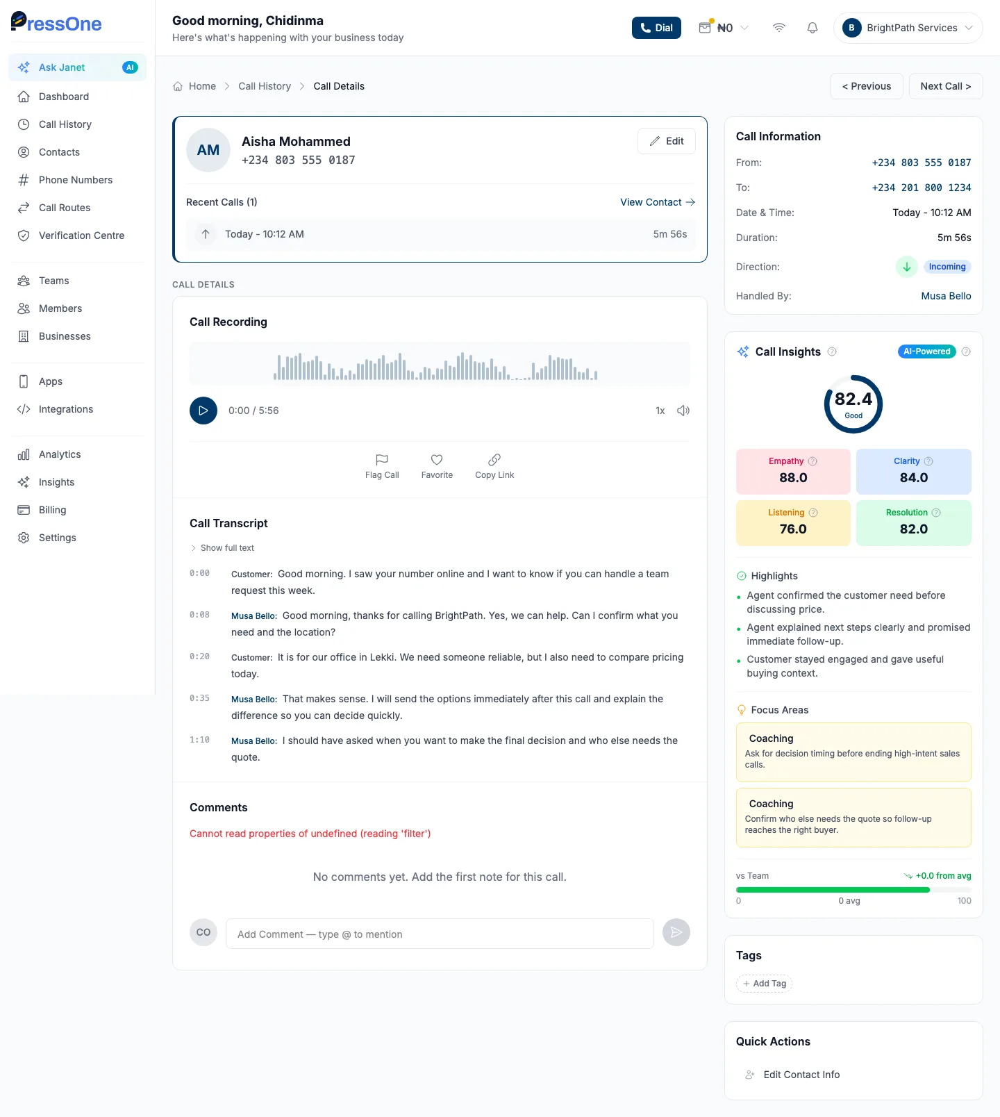 PressOne call details with AI score, transcript and coaching focus areas